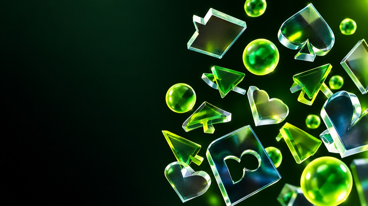 Glass card-suit symbols and lime spheres